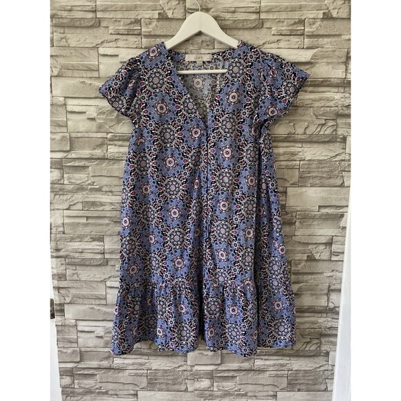 LOFT SP Dress Medallion Button Front Flutter Sleeve Blue Mandala Flounce V Neck - Picture 3 of 7